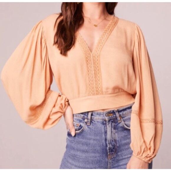 BOG Band of the Free Brie Light Camel Long Sleeve Top Lace Insets V Neck Small - Picture 1 of 5